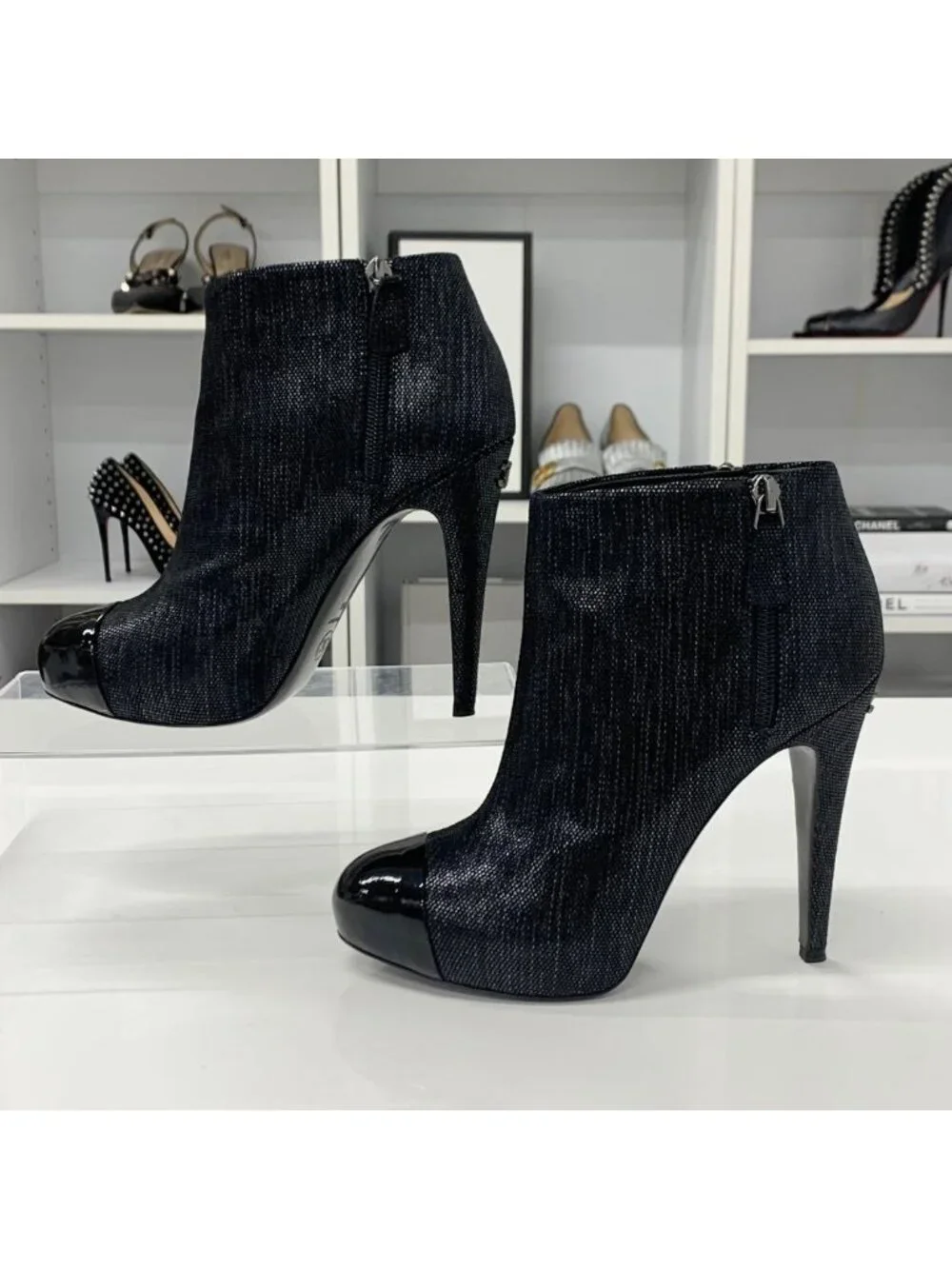 Chanel Cocomark Leather Metallic Short Boots Black